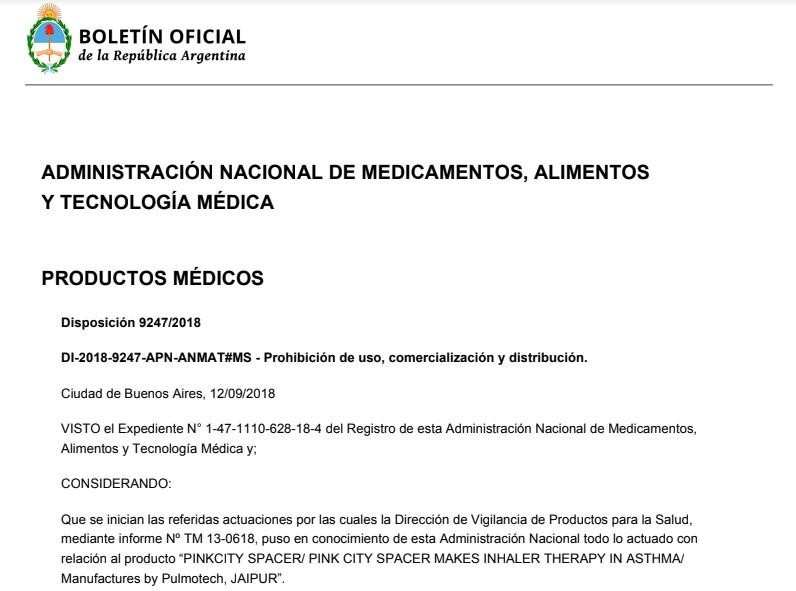 Boletiín oficial prohibición de medicamento para asma