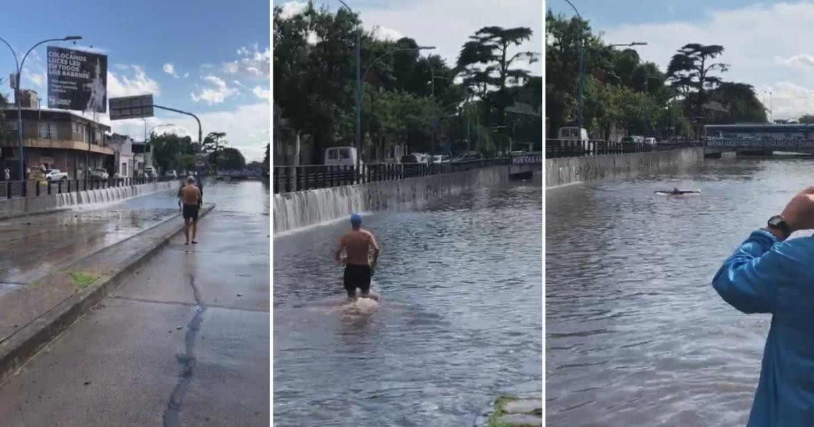 Video insólito: hombre aprovechó la inundación para nadar en un bajo nivel