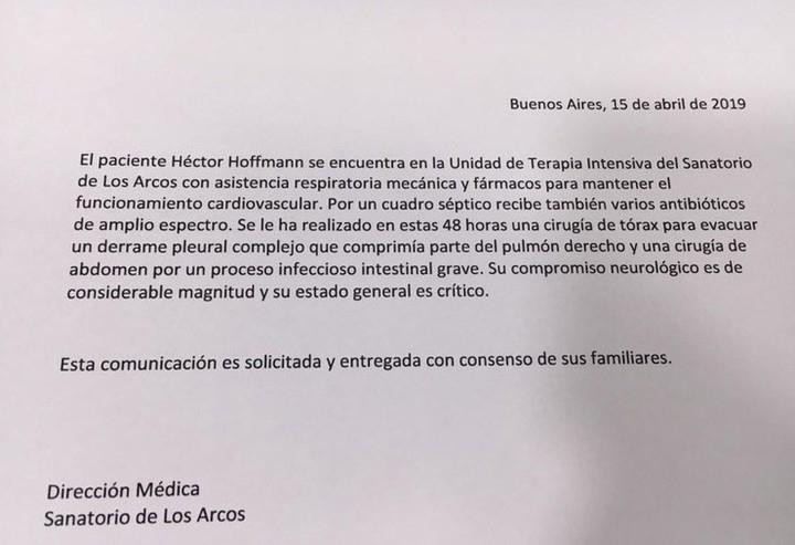 Parte médico de Sergio Denis, Sanatorio Los Arcos, 15-4-19