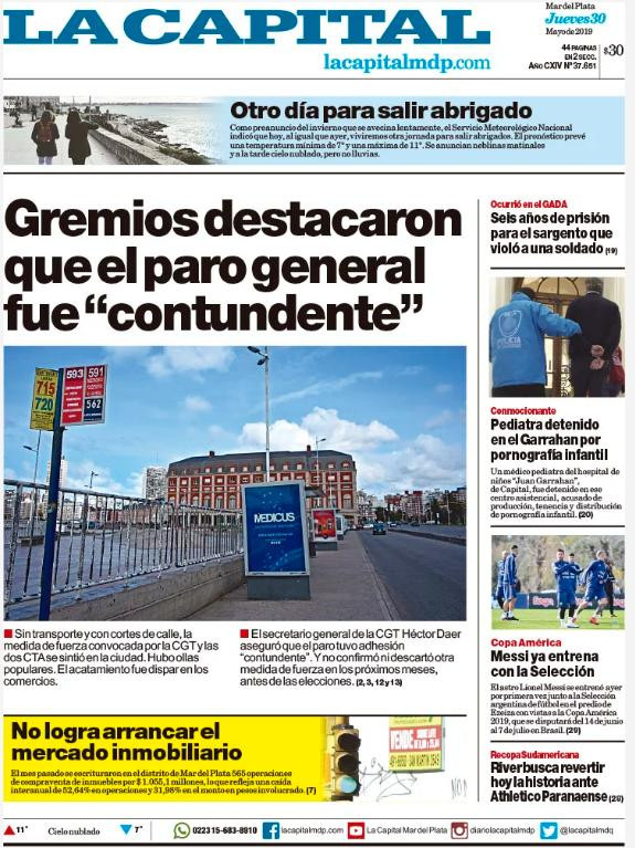 Tapa de diarios - La Capital de Mar del Plata jueves 30 de mayo de 2019