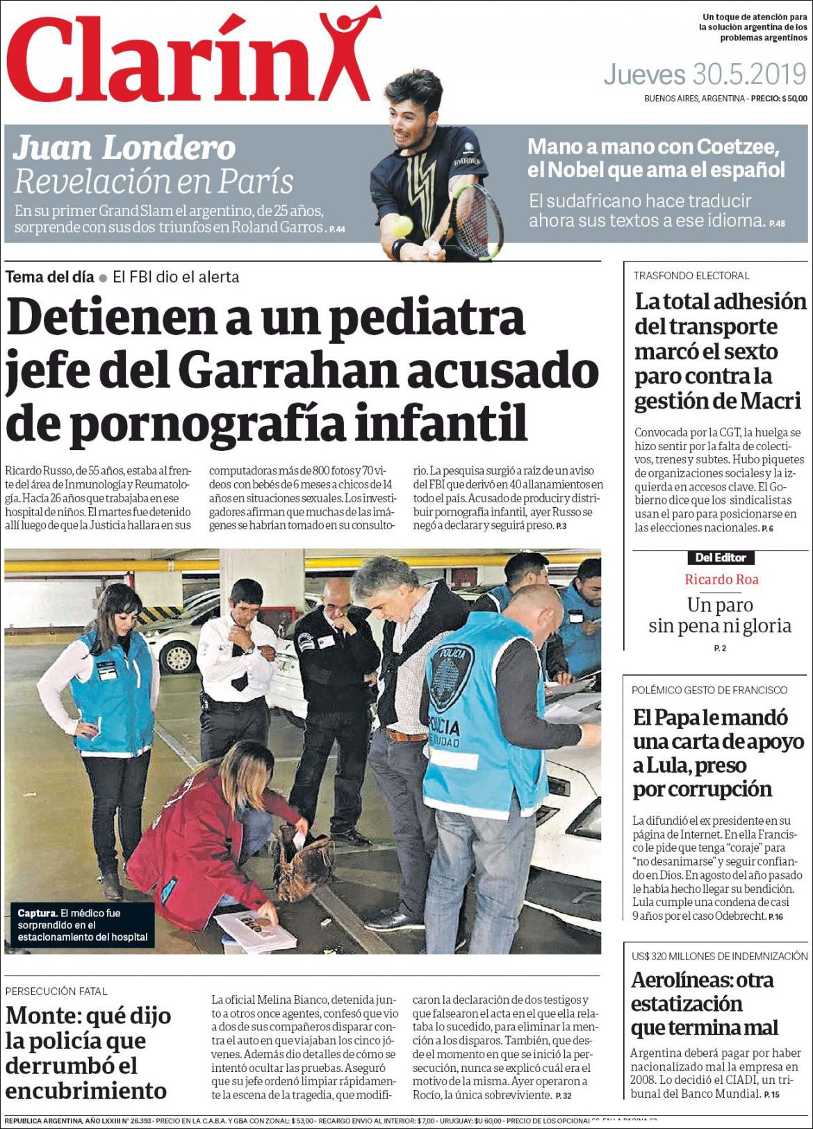 Tapa de diarios - Clarin jueves 30 de mayo de 2019