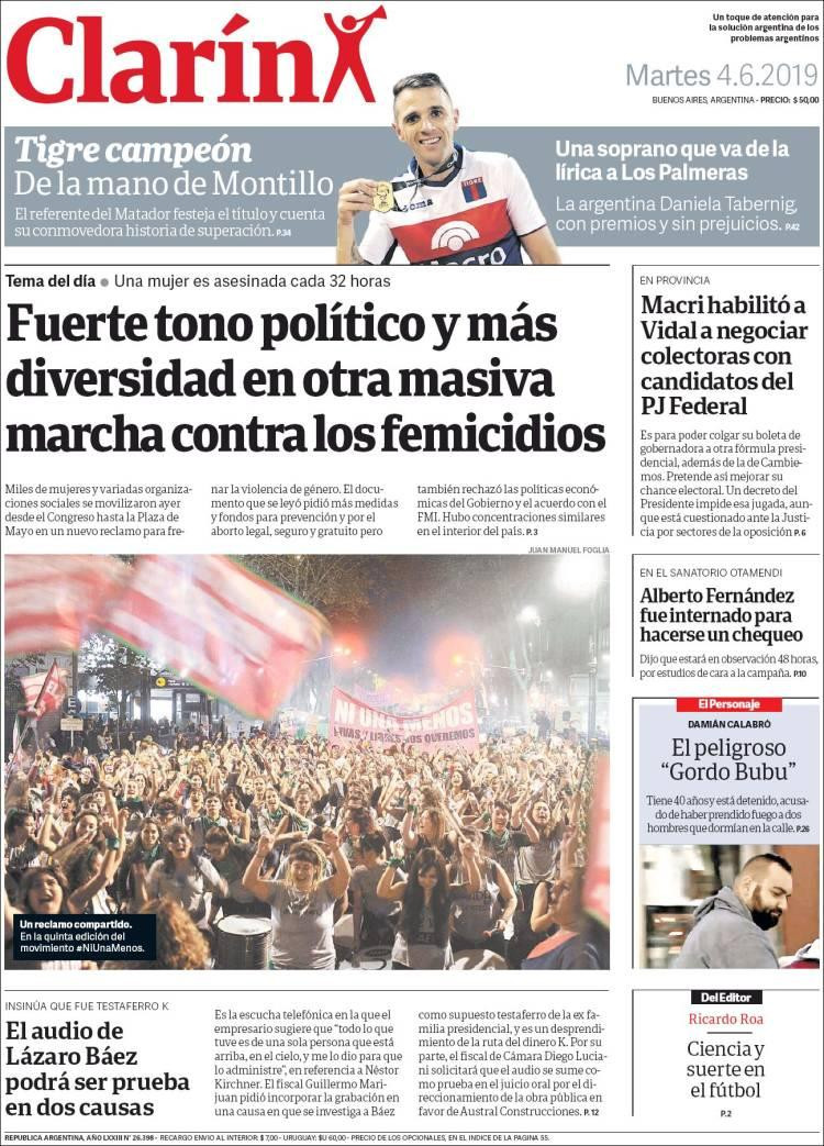 Tapas de diarios - Clarín 4 de junio de 2019