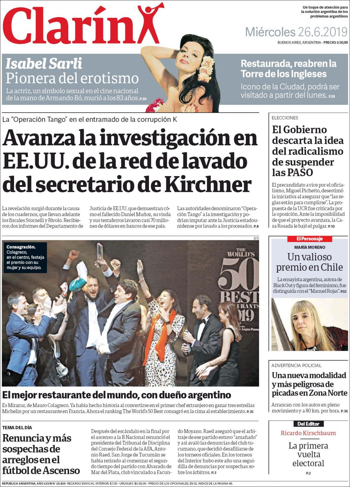 Tapas de Diarios - Clarin miercoles 26-06-19