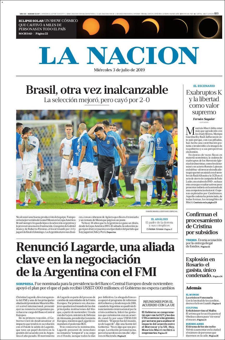 Tapas de diarios - La Nación miércoles 3-07-19