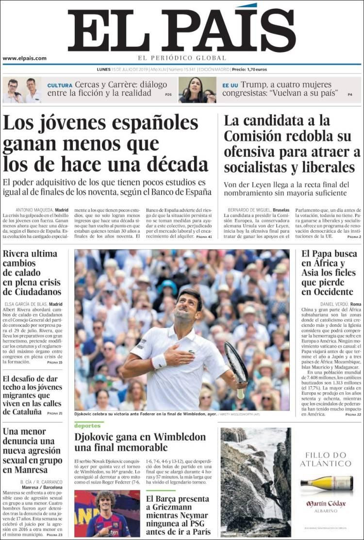 15-7-19, tapas de diarios, EL PAIS