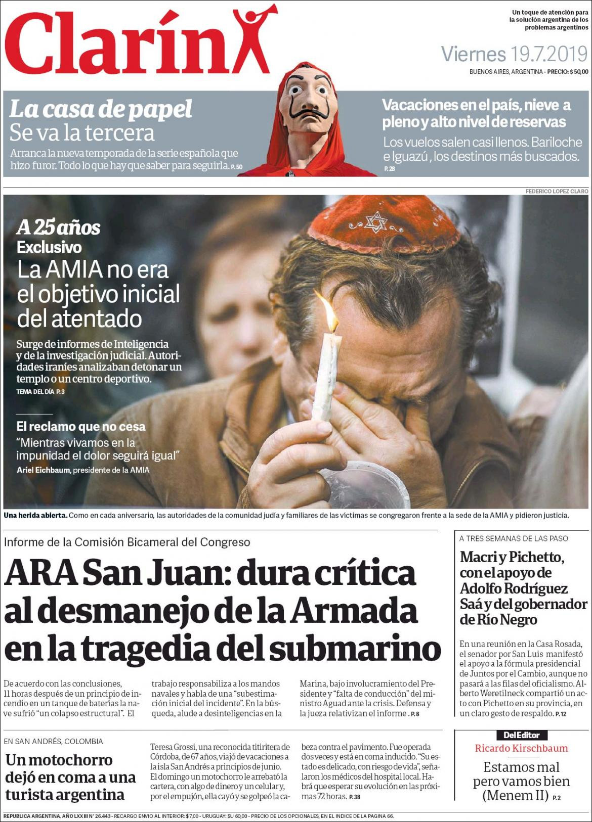 Tapas de diarios, Clarin, viernes 19 de julio de 2019