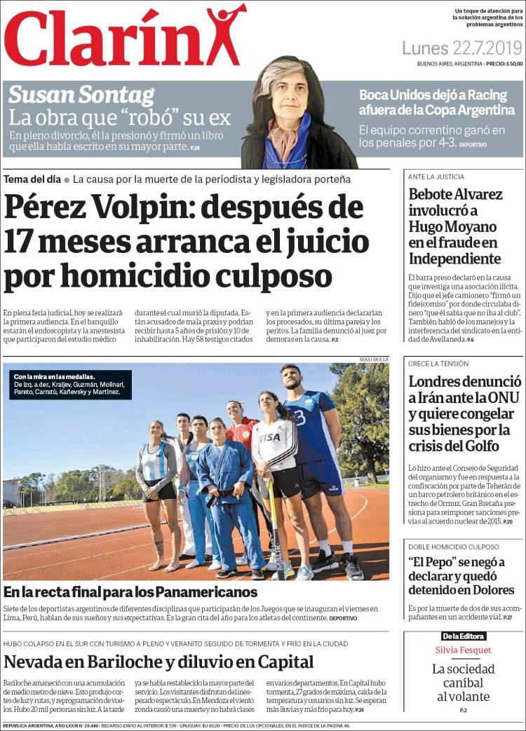 Tapas de diarios, 22-7-19, CLARIN