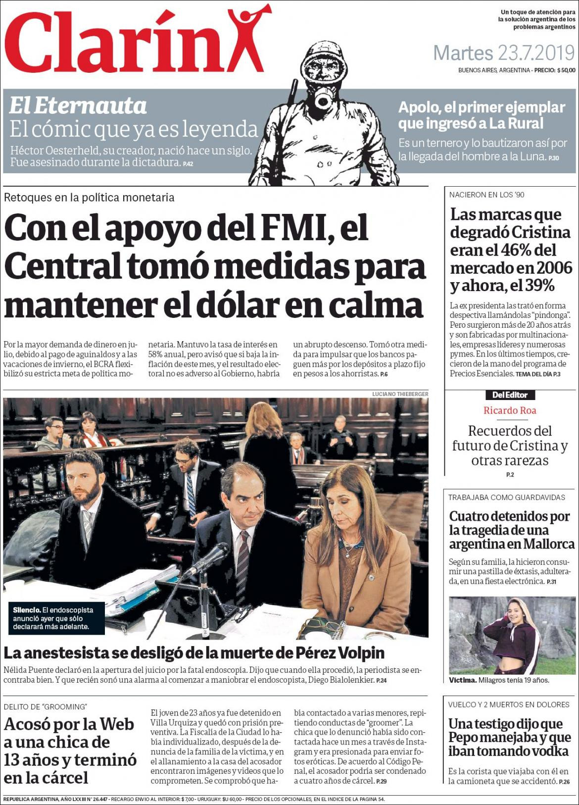 Tapas de diarios, Clarin, martes 23 de julio de 2019