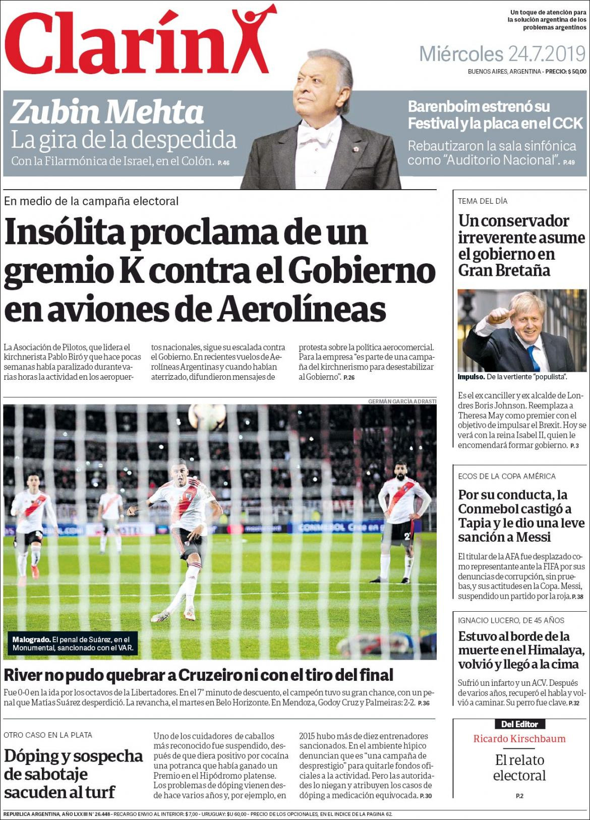 Tapas de diarios, Clarin, miércoles 24 de julio de 2019