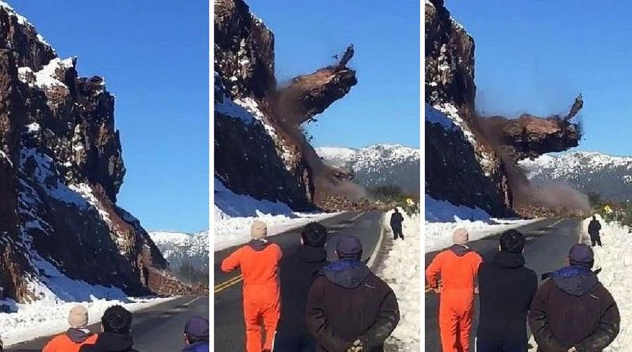 Derrumbe en brazo Huemul en Villa La Angostura, temporal de nieve