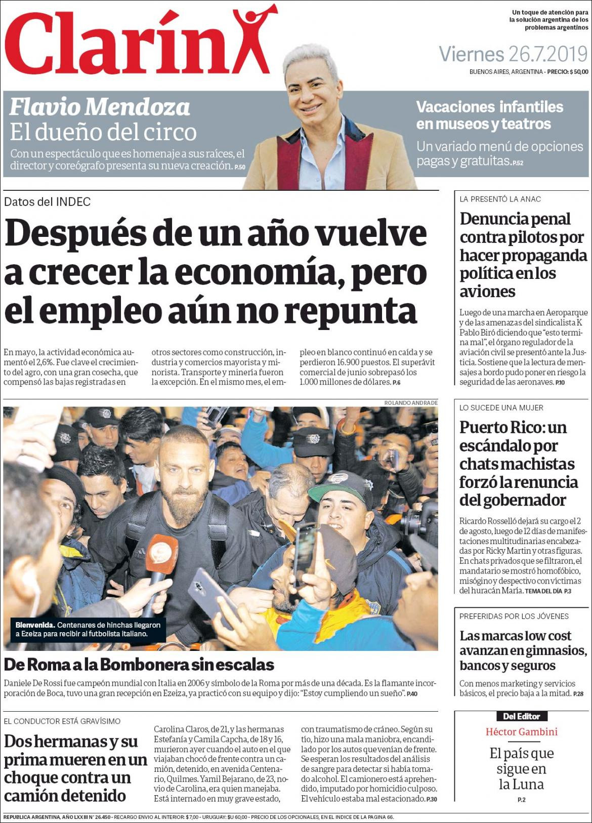 Tapas de diarios, Clarin, viernes 26-07-19