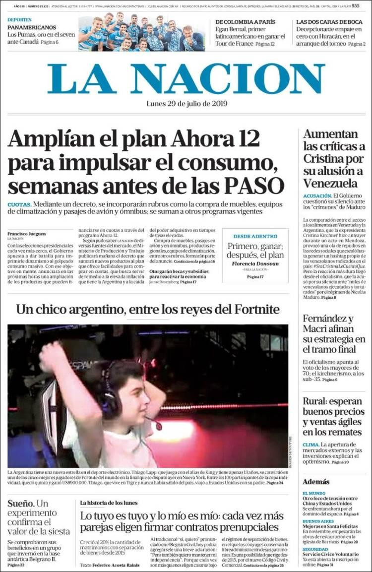 Tapas de diarios,La Nación, lunes 29-07-19