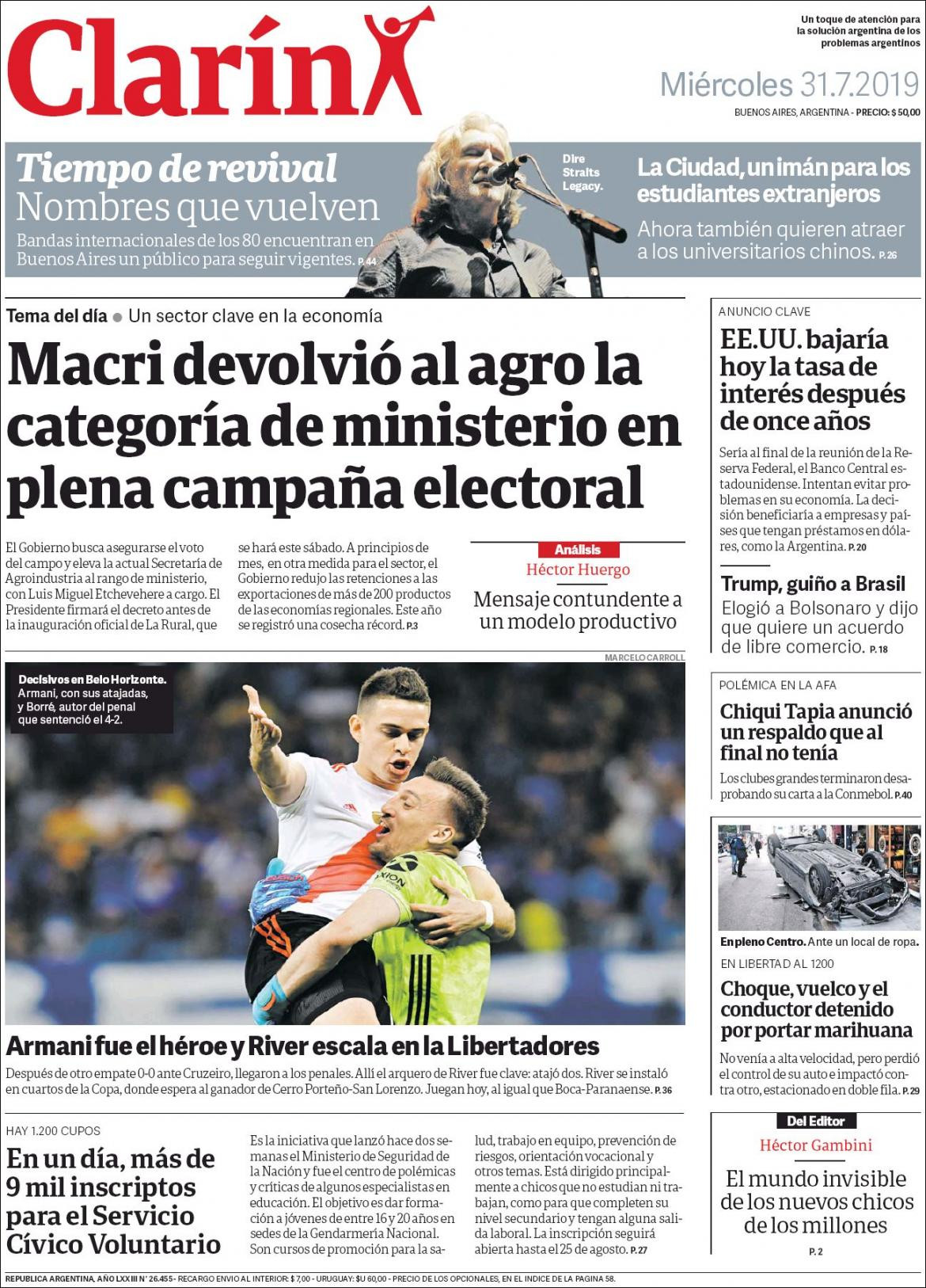 Tapas de diarios, Clarin, miércoles 31-07-19