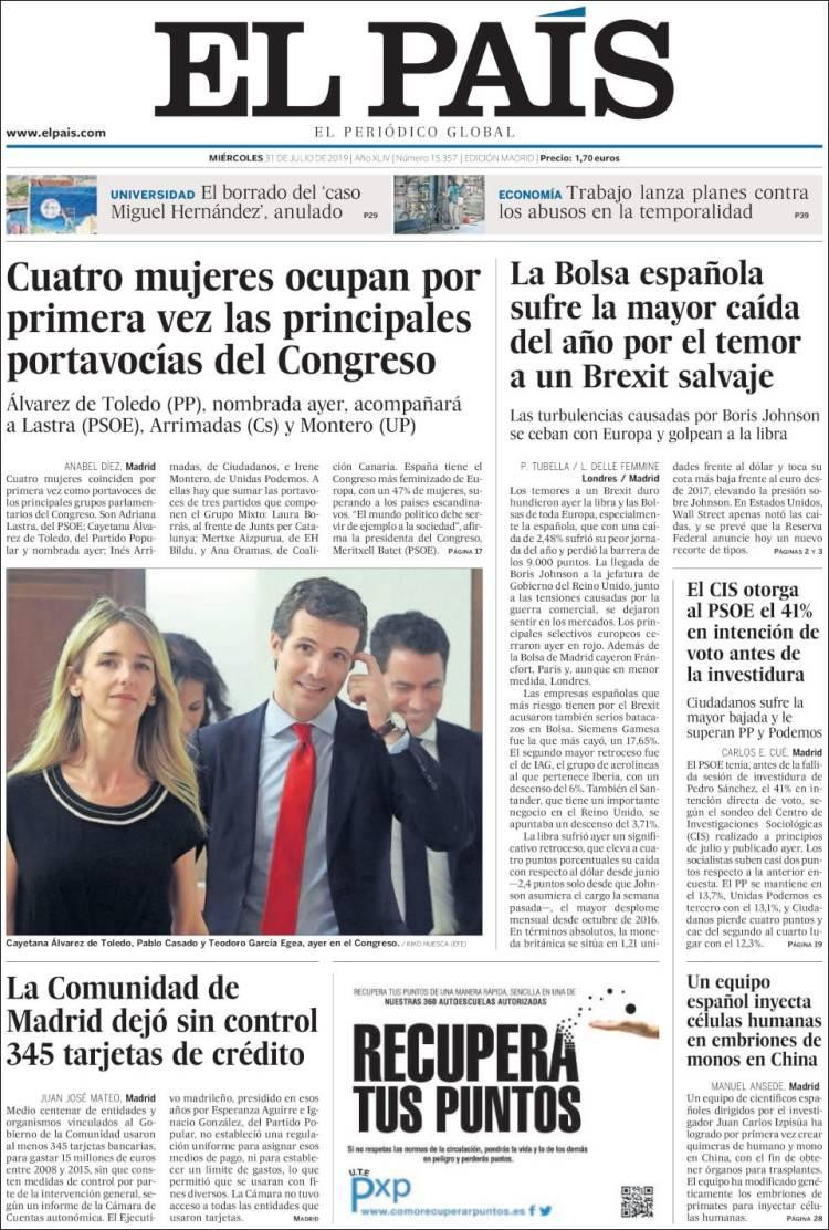 Tapas de diarios, El Pais de España, miércoles 31-07-19