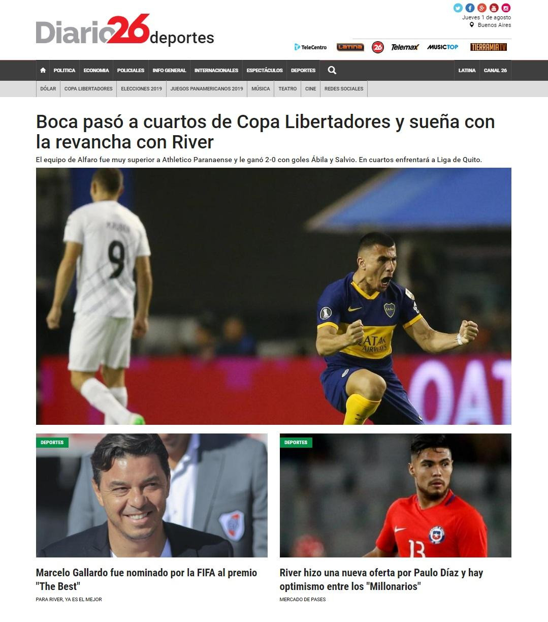 Tapas de diarios, Diario 26 Deportes, 1 de agosto de 2019	