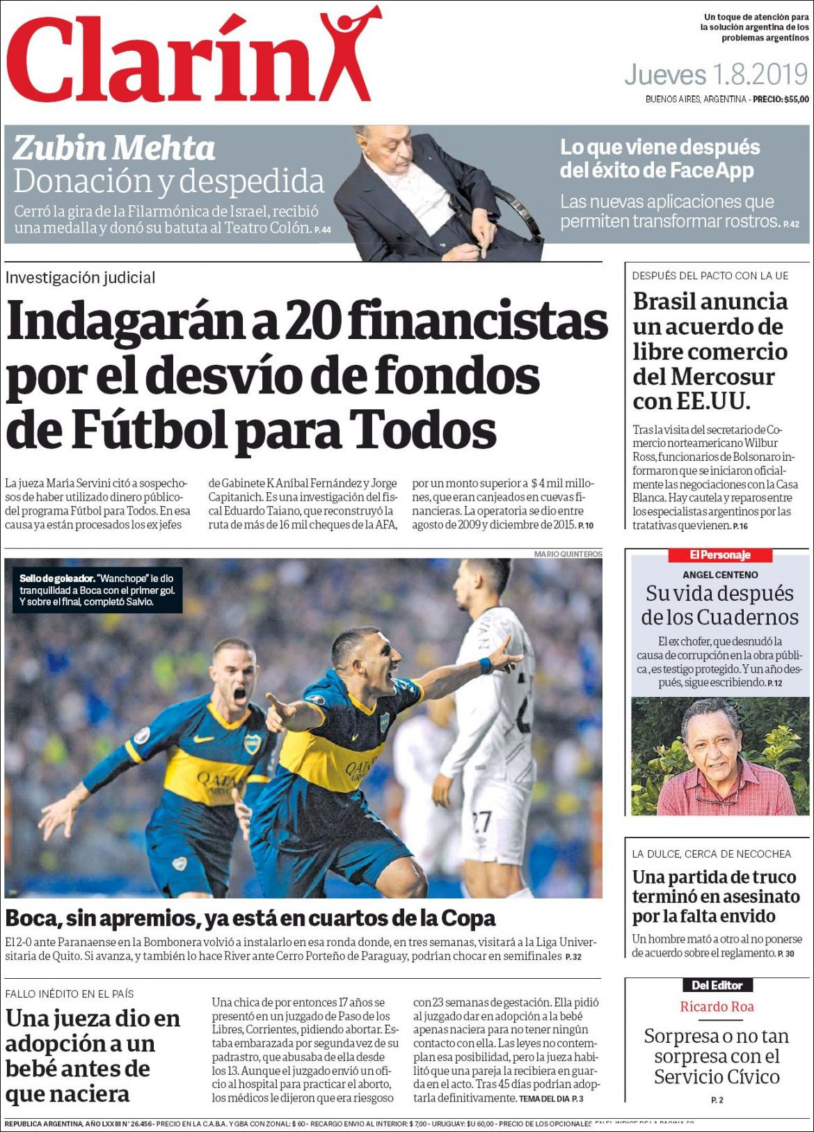 Tapas de diarios, Clarin, jueves 1 de agosto de 2019