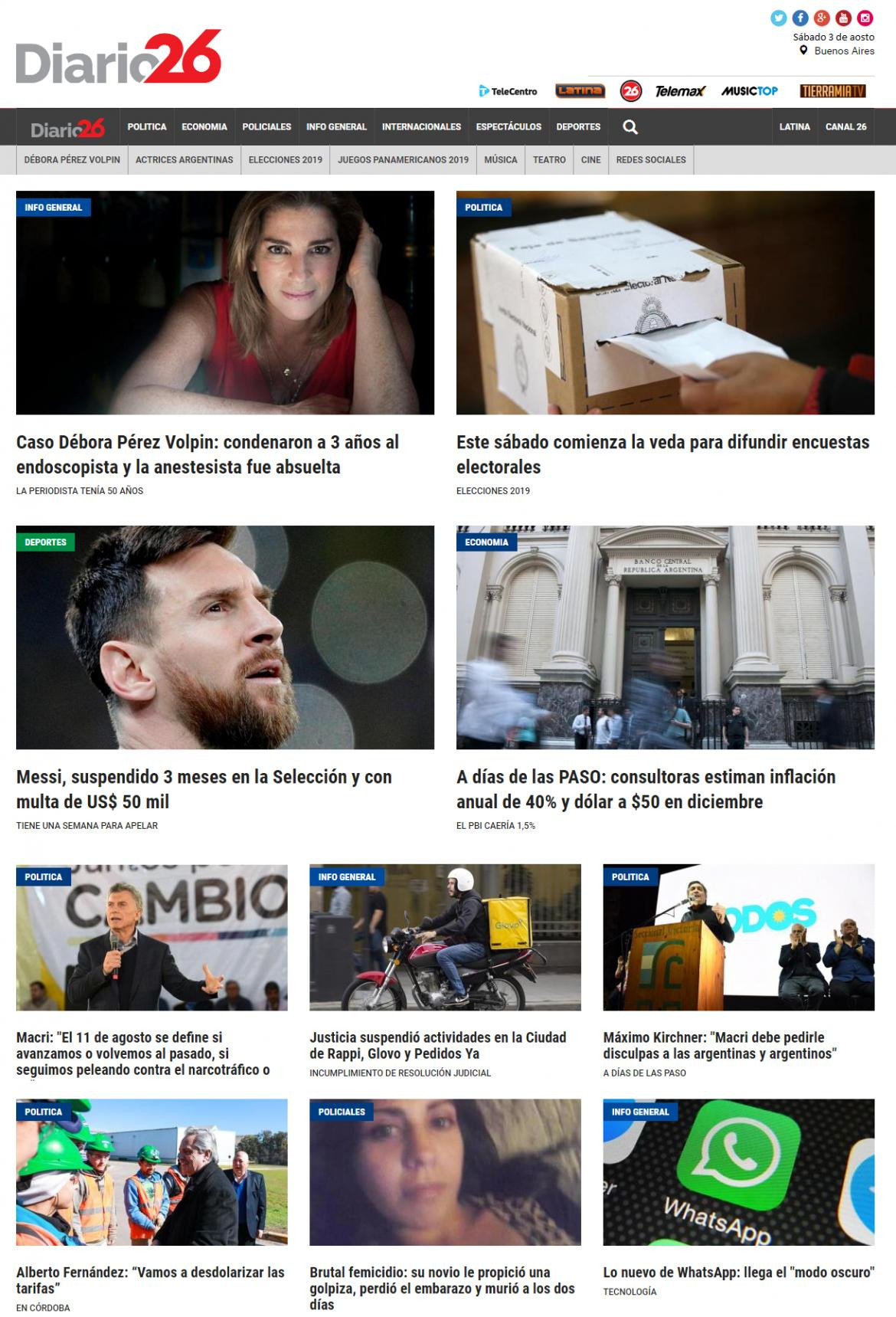 Tapas de diarios, Diario 26, sábado 3 de agosto de 2019