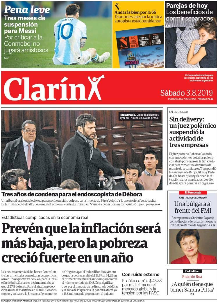 Tapas de diarios, Clarín, sábado 3 de agosto de 2019	