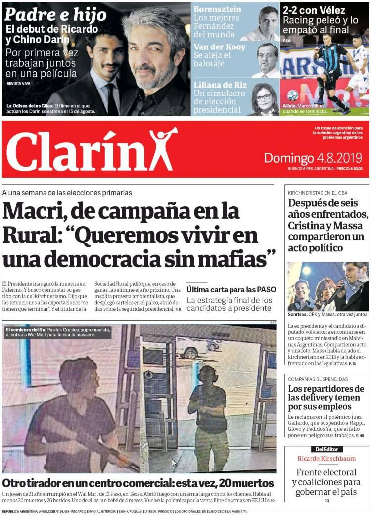 Tapas de diarios argentinos, Clarín, domingo 4 de agosto de 2019	