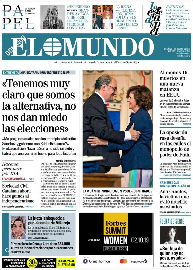 Tapas de diarios argentinos, El Mundo, domingo 4 de agosto de 2019	