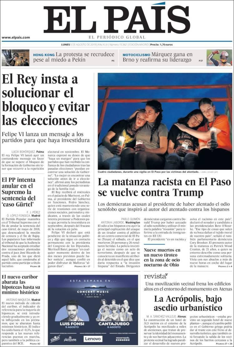 Tapas de diarios,El País, lunes 05-08-19