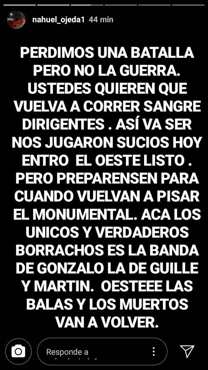 Amenaza de barra de River a Donofrio, captura historia de Instagram