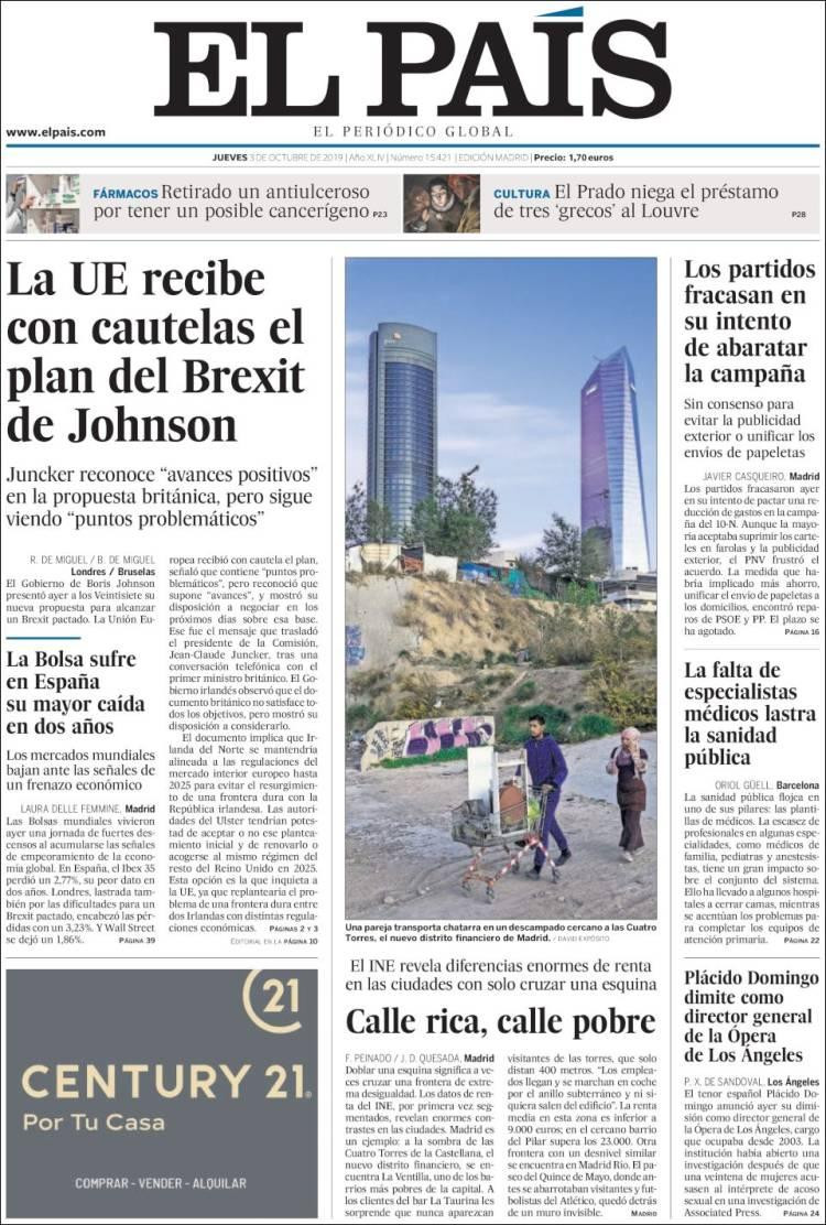 Tapas de diarios, El Pais de España, jueves 3-10-19