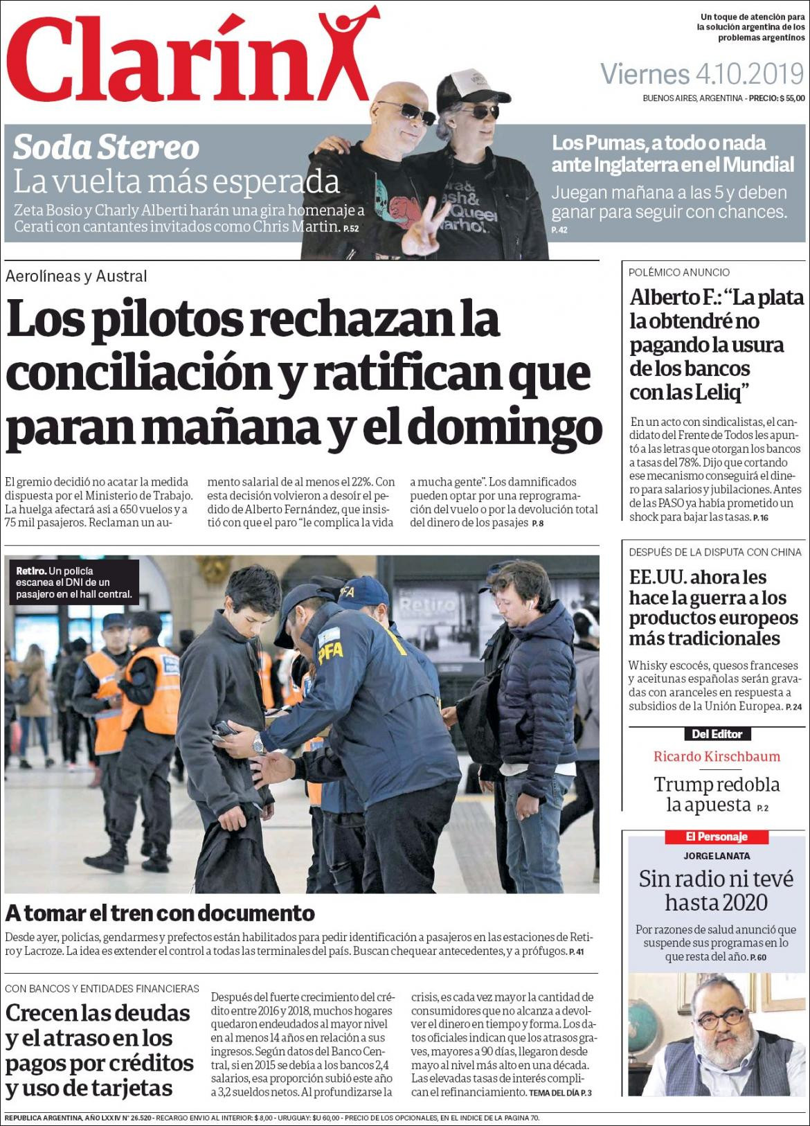 Tapas de diarios, Clarin, viernes 04-10-19