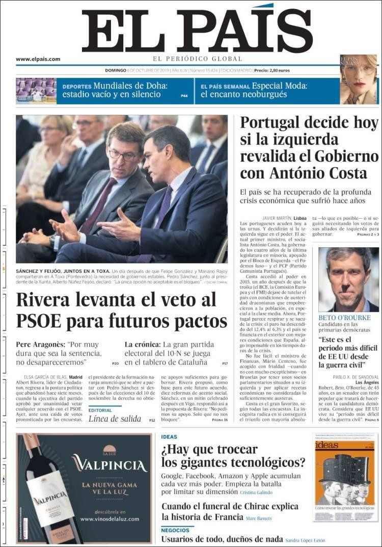 Tapas de diarios, El País, domingo 6 de octubre de 2019