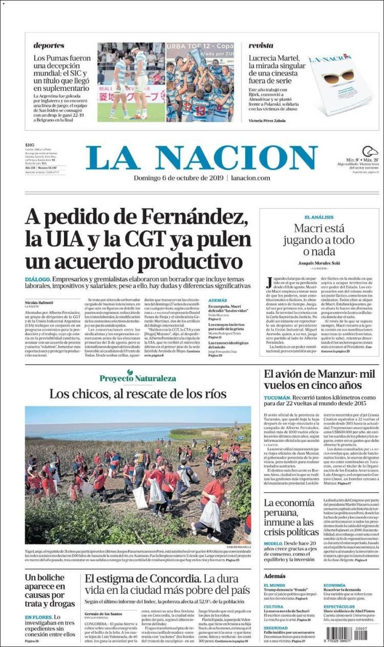 Tapas de diarios, La Nación, domingo 6 de octubre de 2019