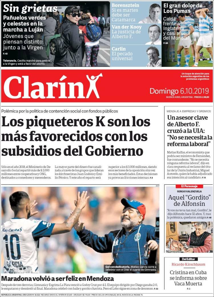 Tapas de diarios, Clarín, domingo 6 de octubre de 2019