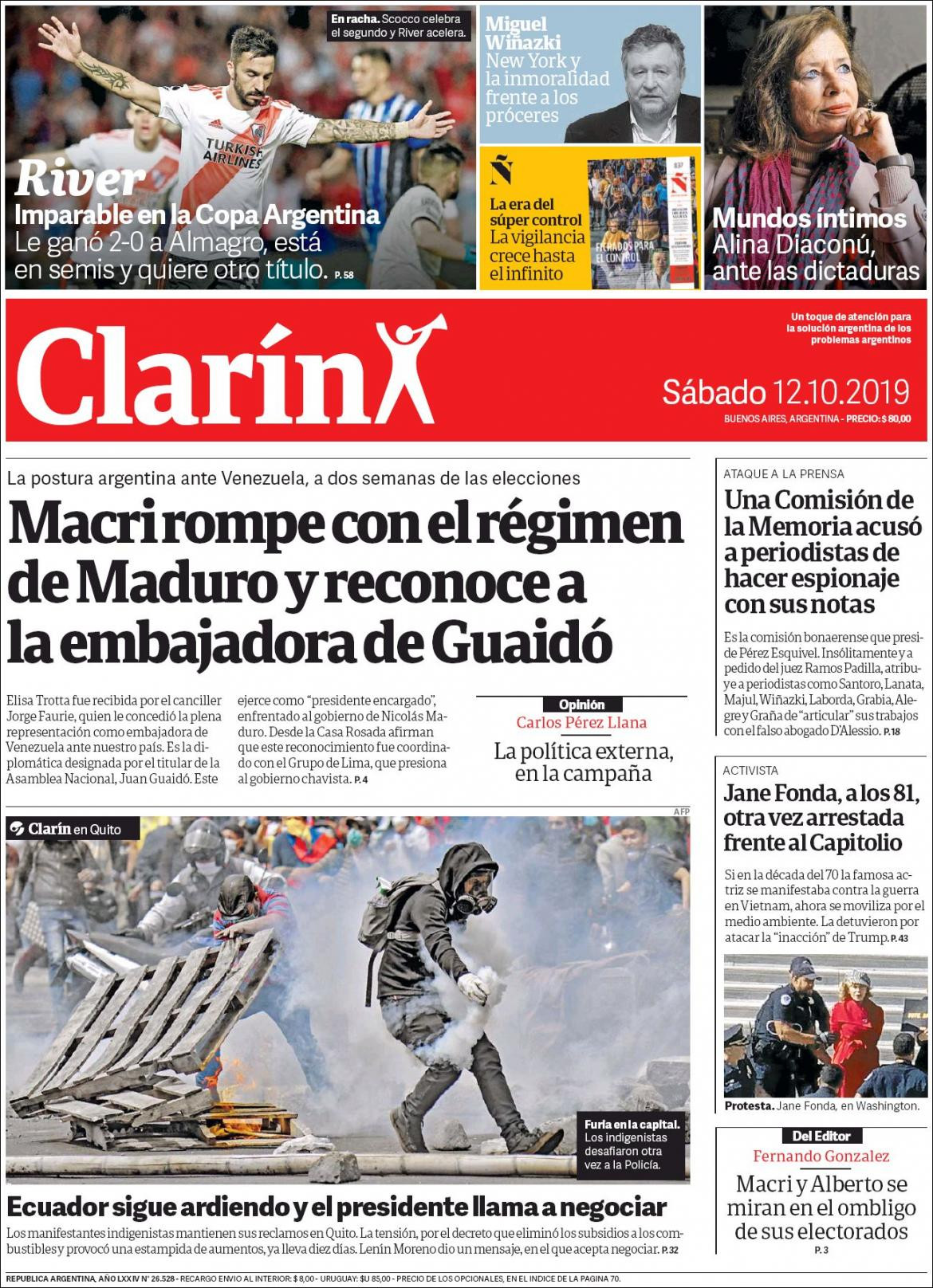 Tapas de diarios, Clarin, sábado 12-10-19