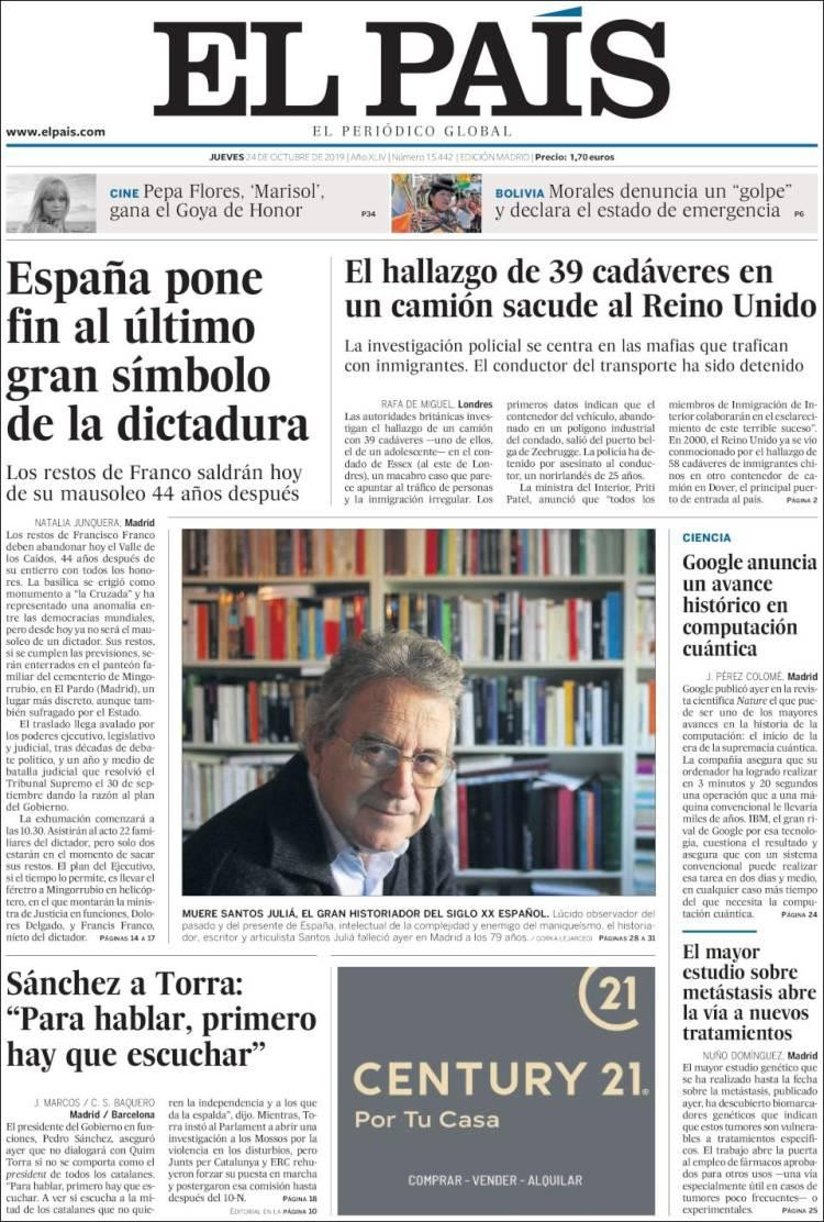 Tapas de Diarios - El Pais de España - Jueves 24-10-19