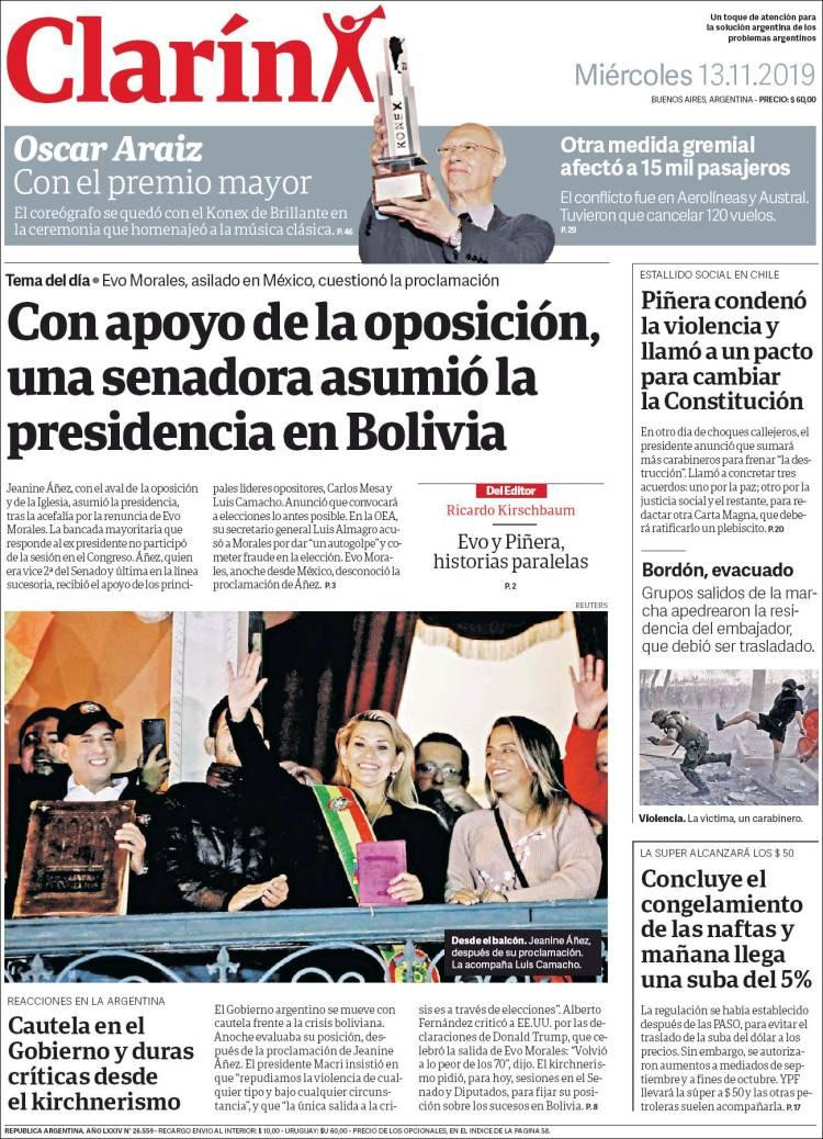 Tapas de diarios, Clarín miércoles 13-11-19