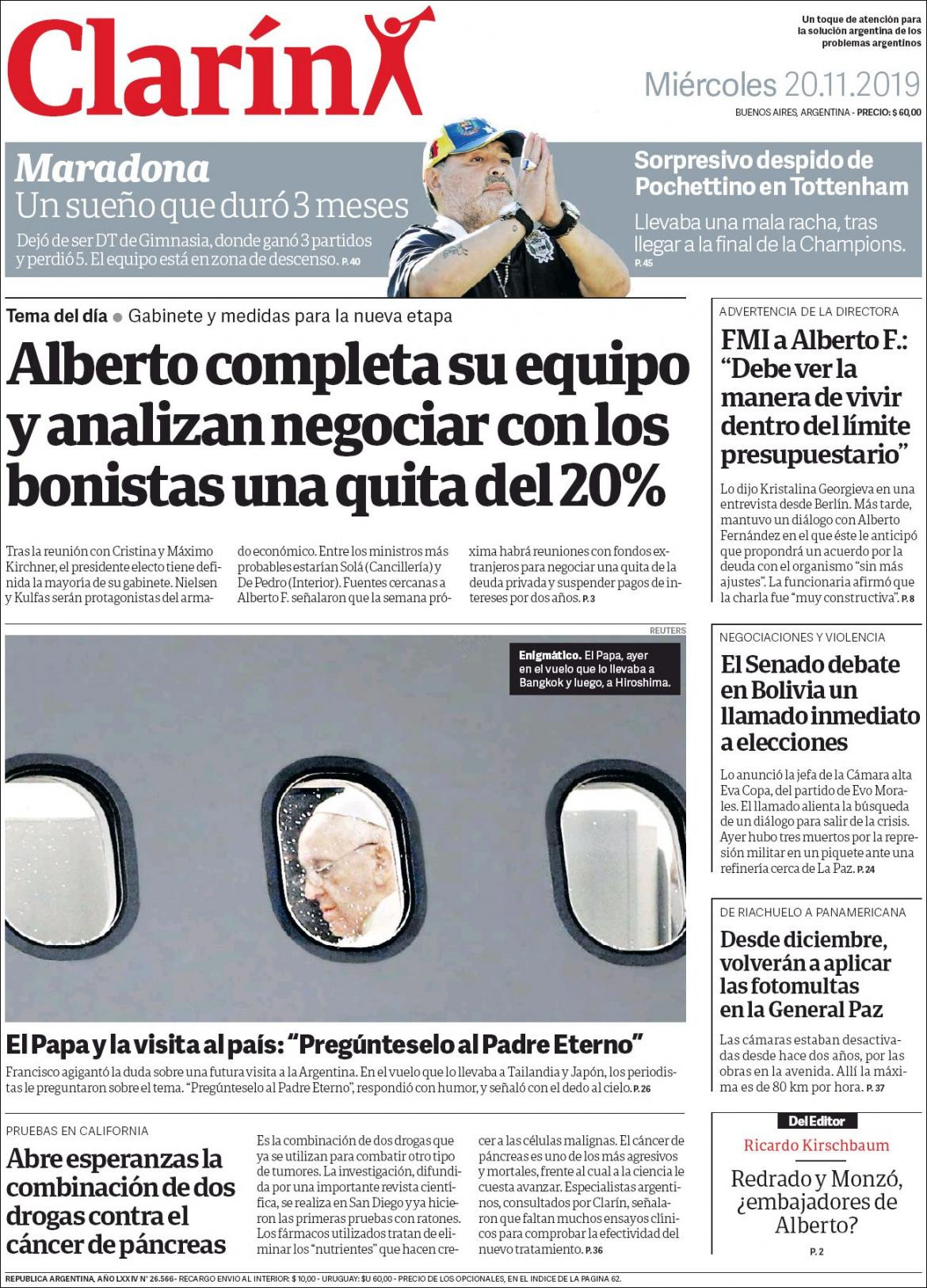 Tapas de diarios, Clarin, miércoles 20-11-19