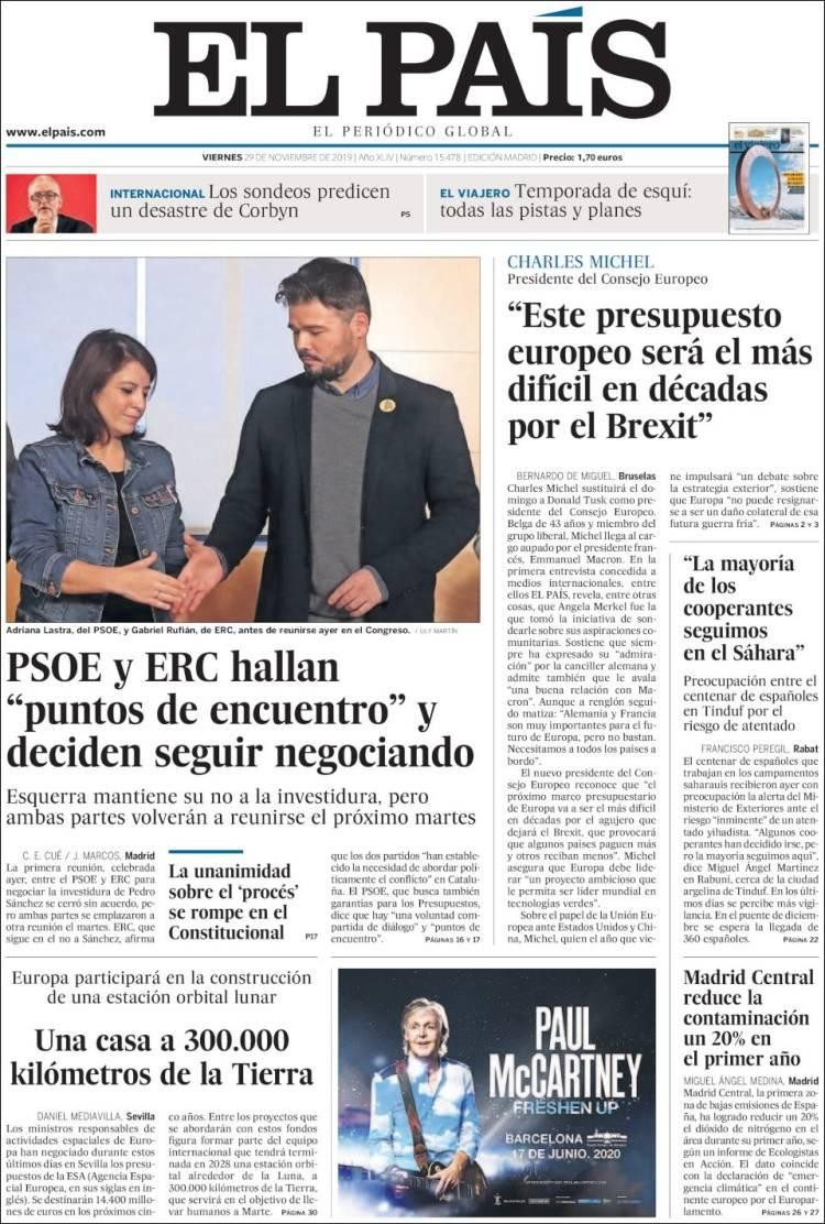 Tapas de diarios, El Pais de España, viernes 29 de noviembre