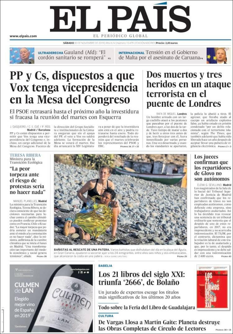 Tapas de diarios, El Pais de España, sábado 30 de noviembre de 2019