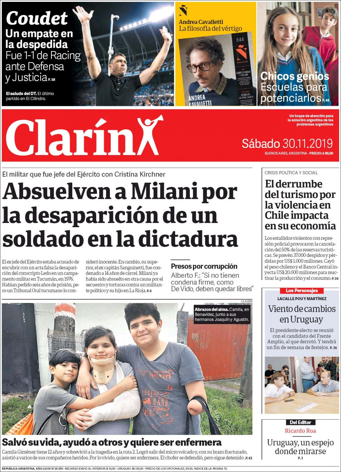 Tapas de diarios, Clarin, sábado 30 de noviembre de 2019