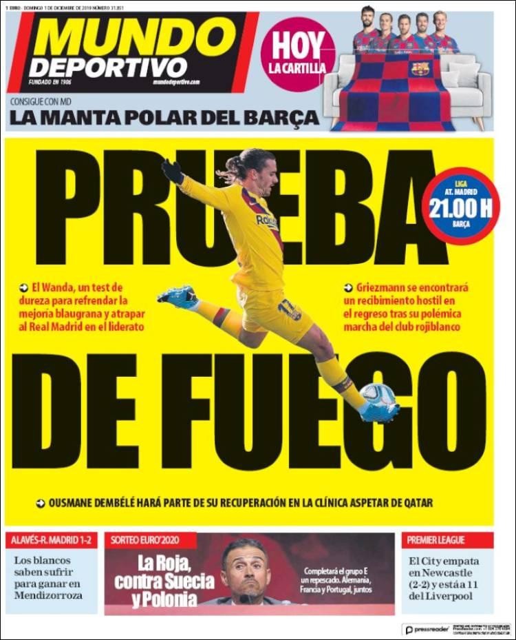 Tapas de diarios, Mundo Deportivo de España, domingo 01-12-19