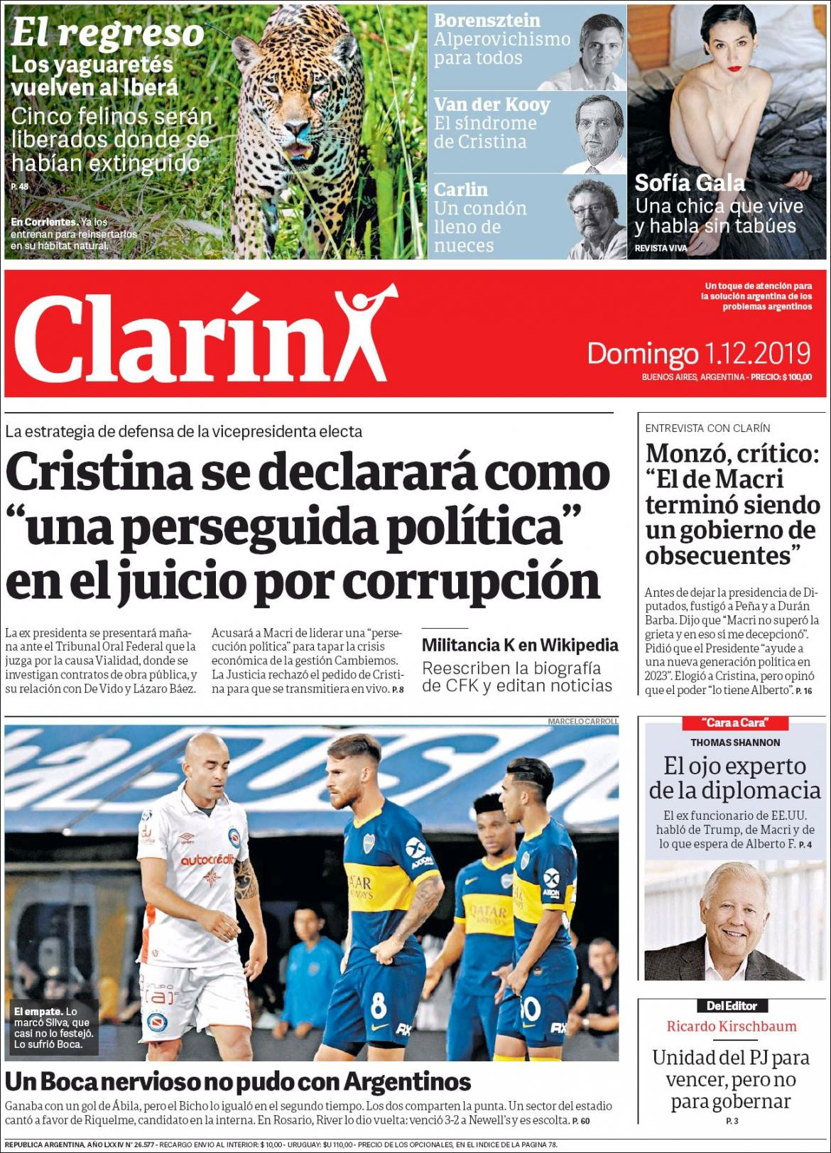 Tapas de diarios, Clarin, domingo 01-12-19