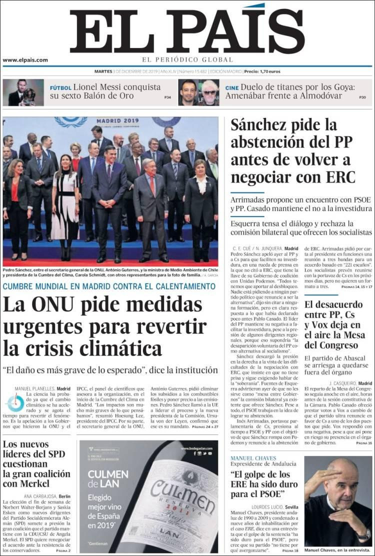 Tapas de diarios, El Pais de España, martes 3 de diciembre de 2019