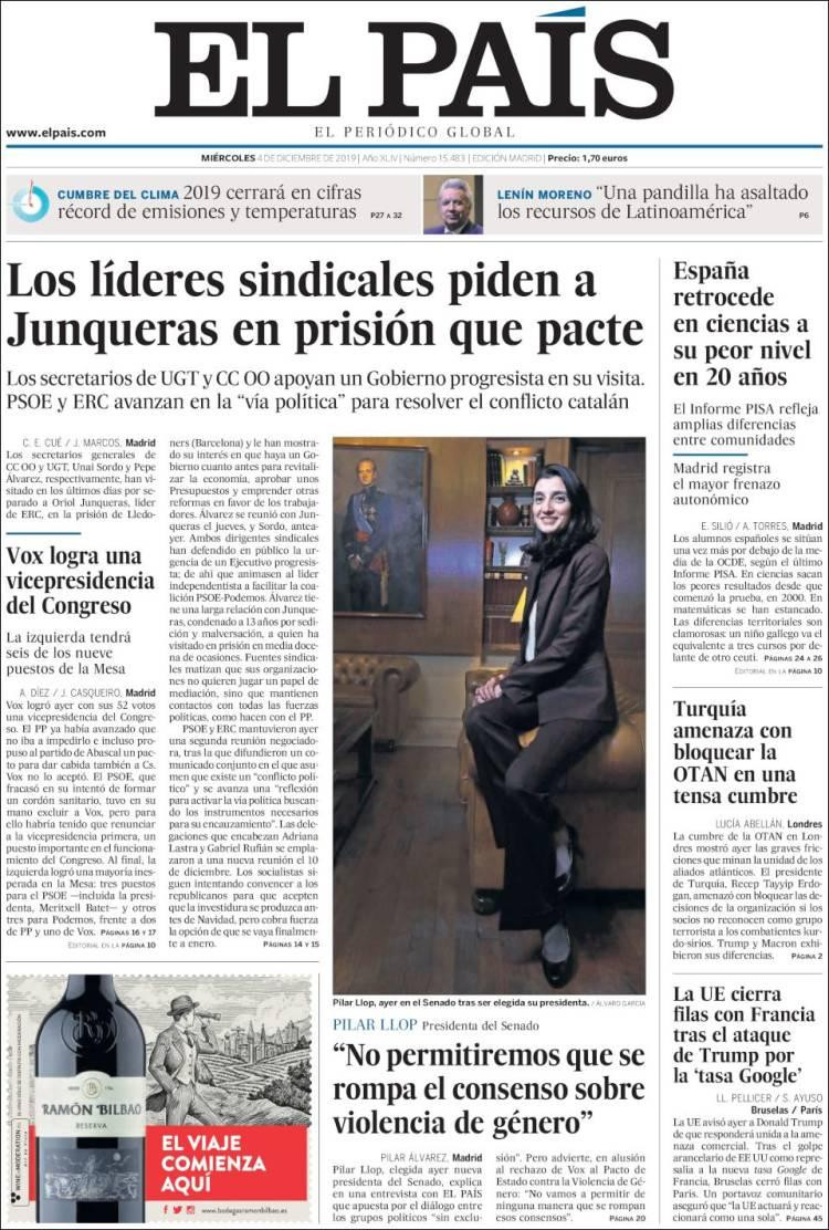 Tapas de diarios, El Pais de España, miércoles 04-12-19