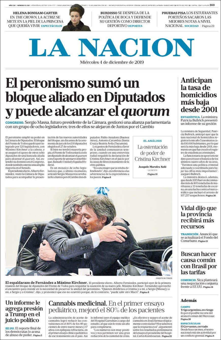 Tapas de diarios, La Nación, miércoles 04-12-19