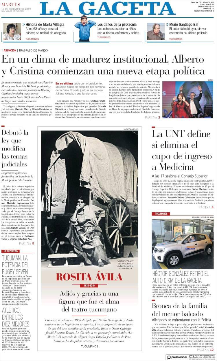 Tapa de La Gaceta, martes 10 de diciembre de 2019