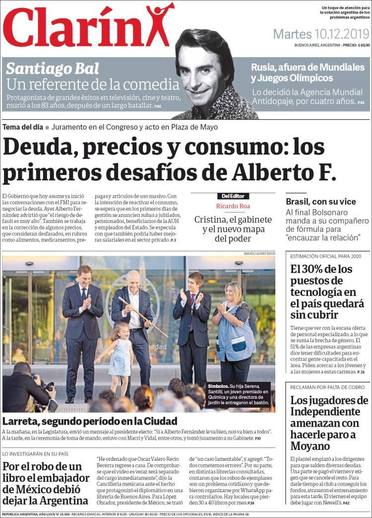 Tapa de Clarín, martes 10 de diciembre de 2019