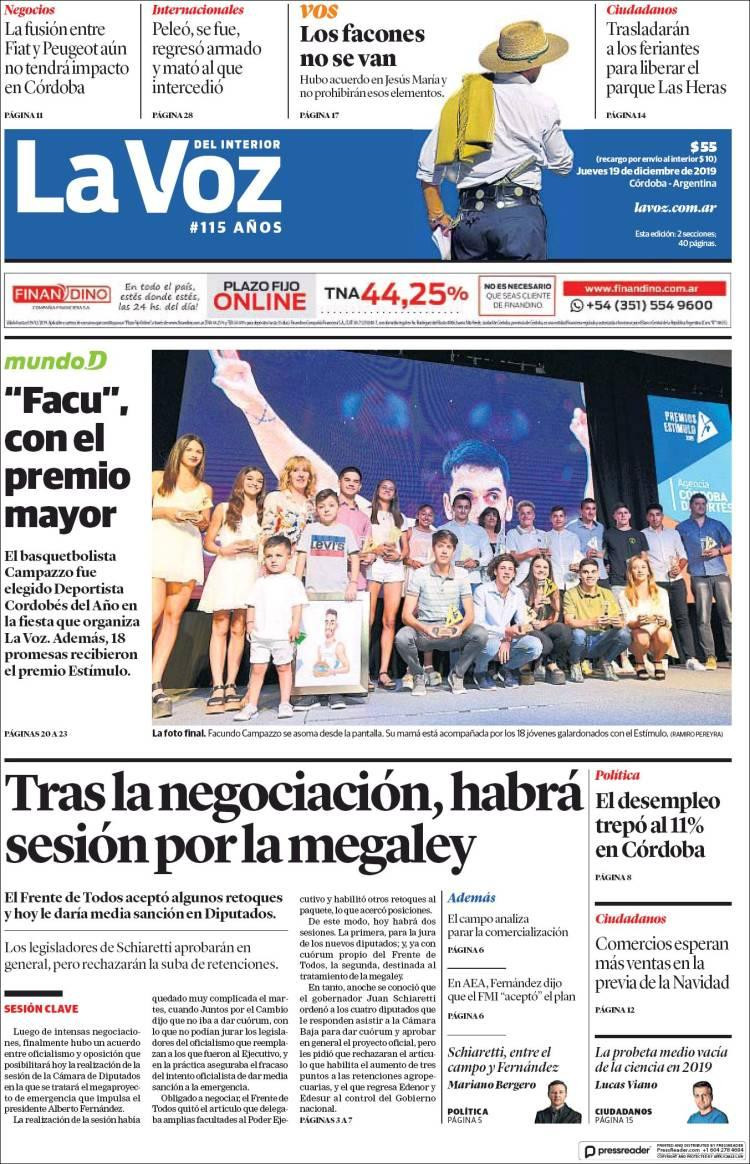 Tapa de La Voz, 19 de diciembre de 2019