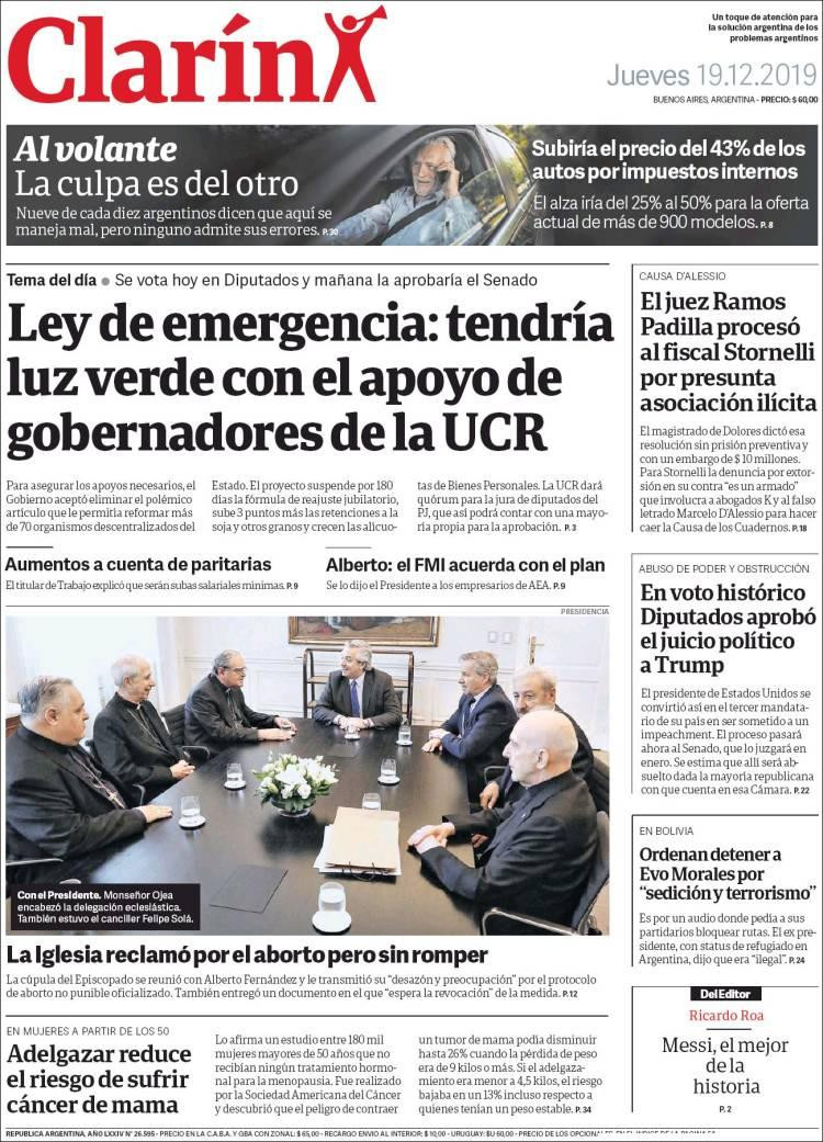 Tapa de Clarín, 19 de diciembre de 2019