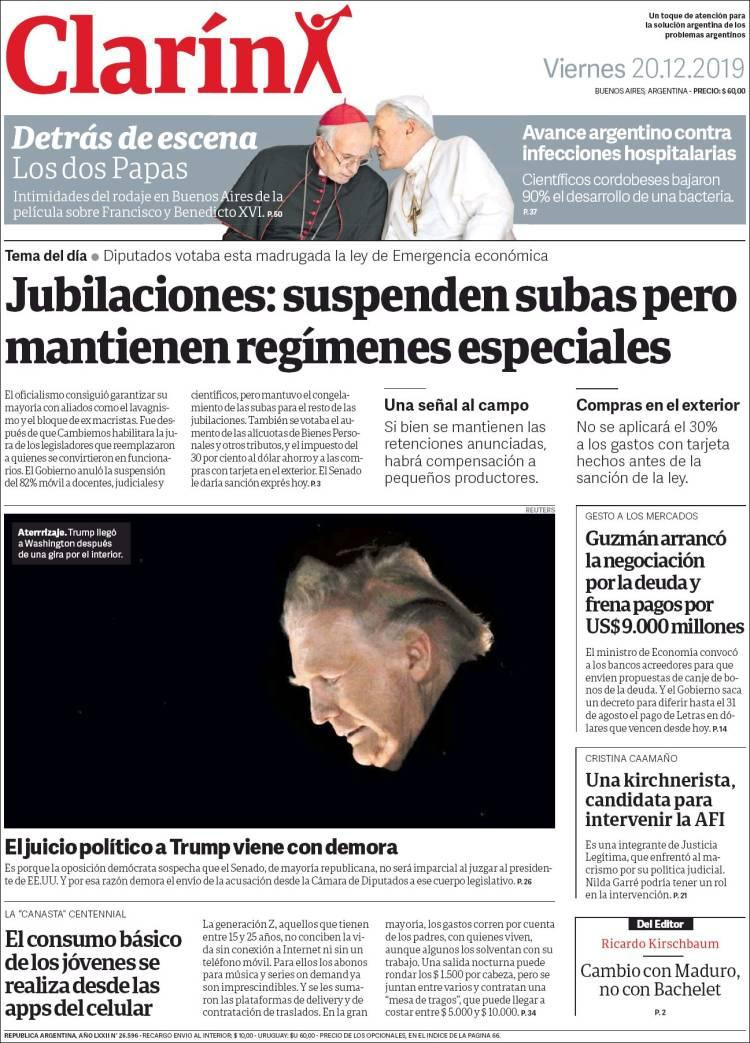 Tapas de diarios, Clarín 20 de diciembre de 2019