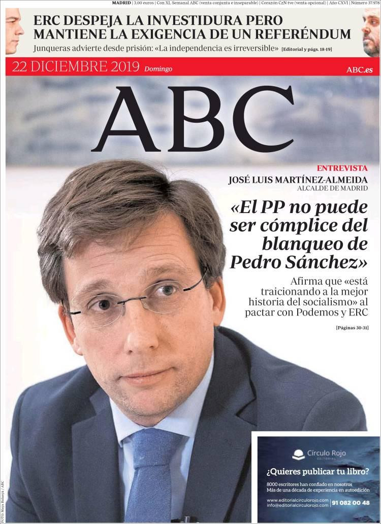 Tapa de diarios, ABC, domingo 22 de diciembre	