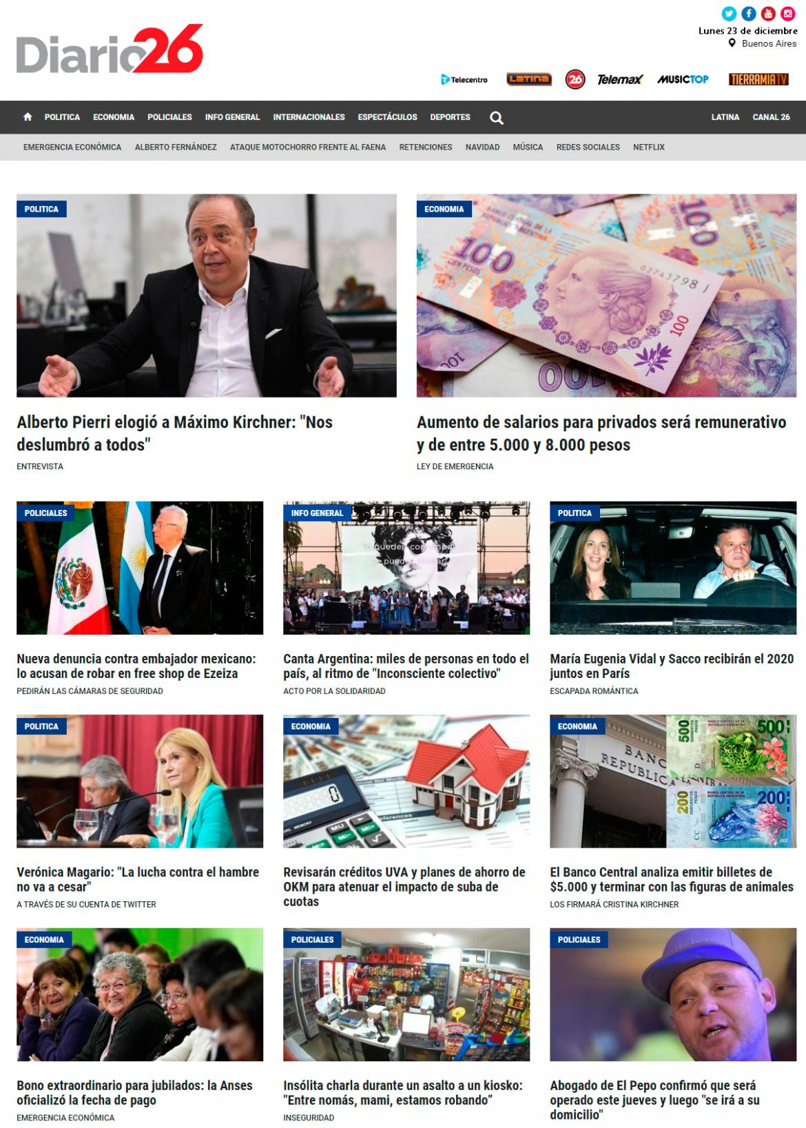 Tapas de diarios, Diario 26, lunes 23 de diciembre de 2019